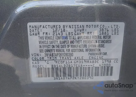 2019 Nissan Sentra Sv from USA, damaged, VIN 3N1AB7AP2KY280390